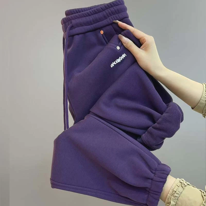 加绒加厚保暖卫裤女2024冬季新款刺绣百搭哈伦裤高腰显瘦休闲裤潮
