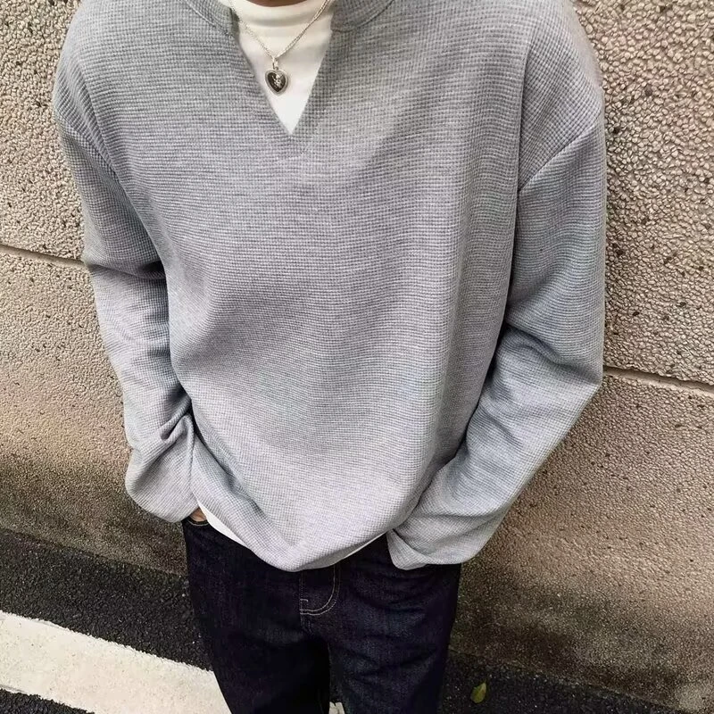 灰色v领华夫格长袖T恤男春秋款cleanfit宽松基础款体恤衫上衣港风