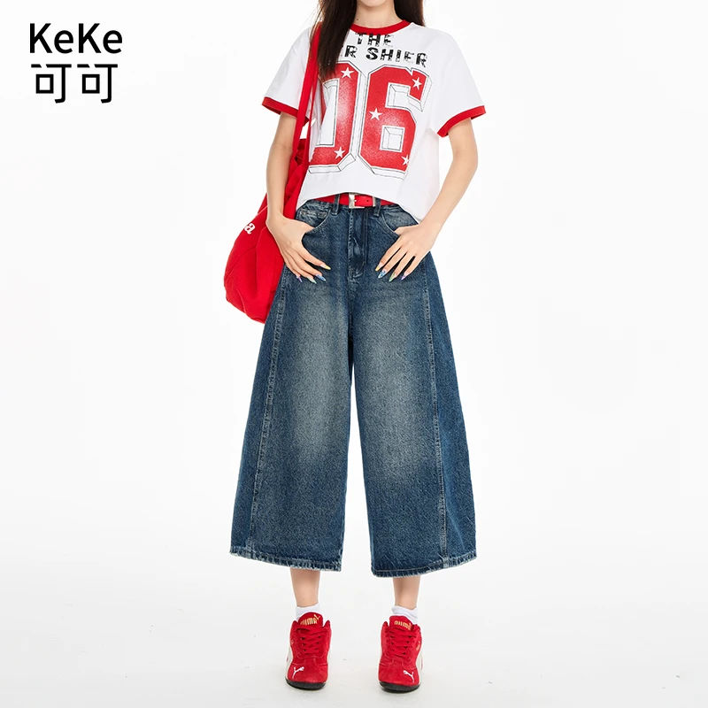 2025新款新款美式复古水洗做旧质感高腰宽松直筒阔腿七分牛仔裤女