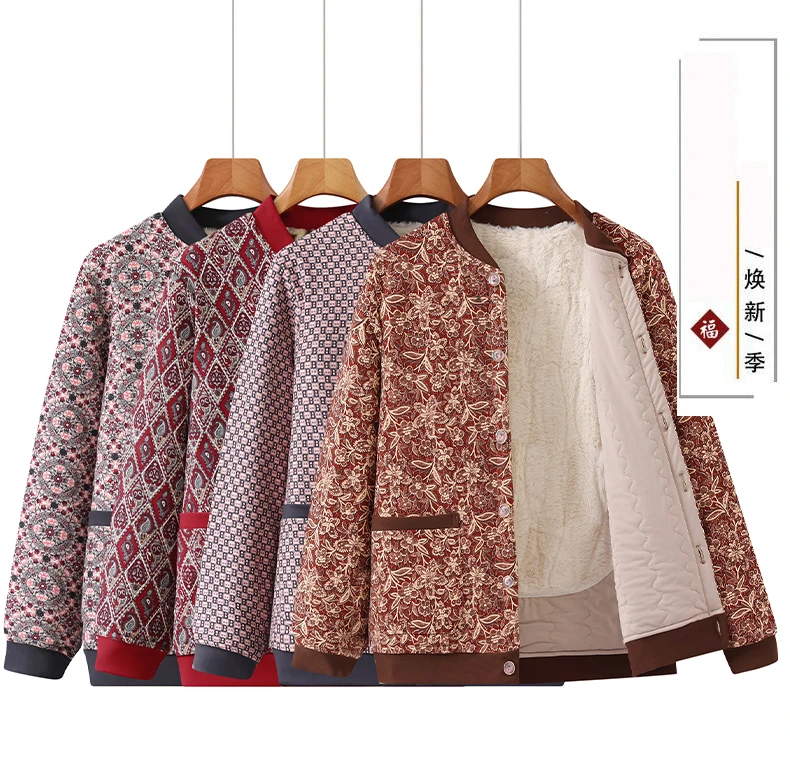 妈妈装保暖外套冬季加绒加厚中老年女装开衫棉服奶奶装花棉衣