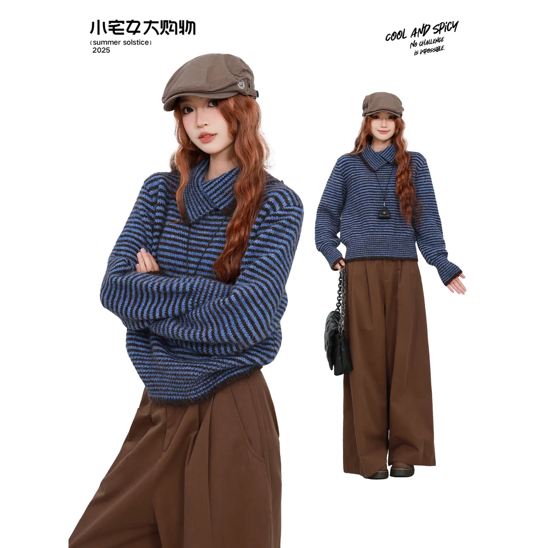 ZEENI 韩系条纹翻领针织长袖毛衣女2025秋冬穿搭慵懒风宽松上衣