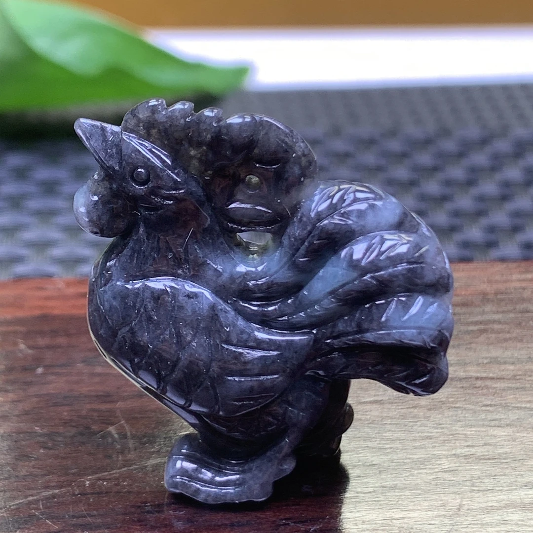 天然a货翡翠立体公鸡吊坠真玉乌鸡水墨黑白色精美生肖鸡挂件挂坠