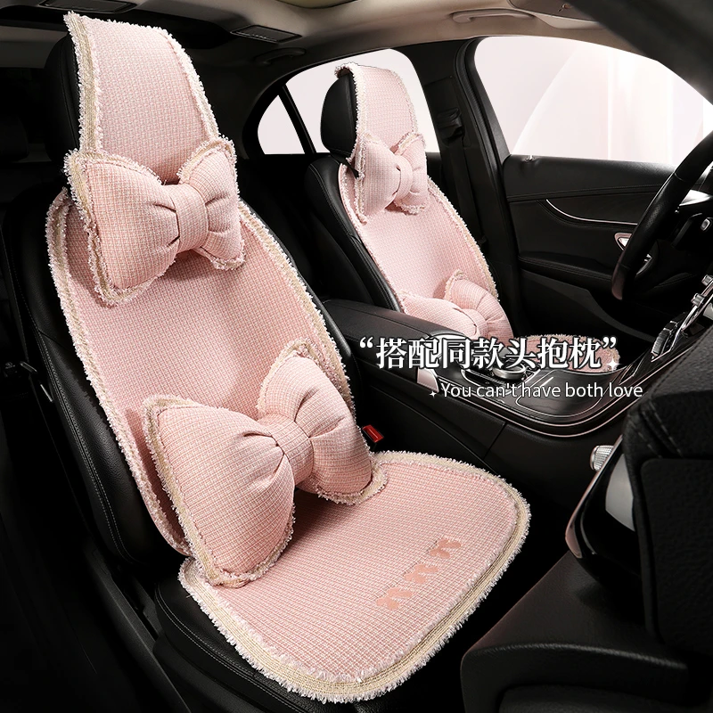 可爱蝴蝶结汽车坐垫座椅套粗麻四季通用网红女神半包车内座垫防滑