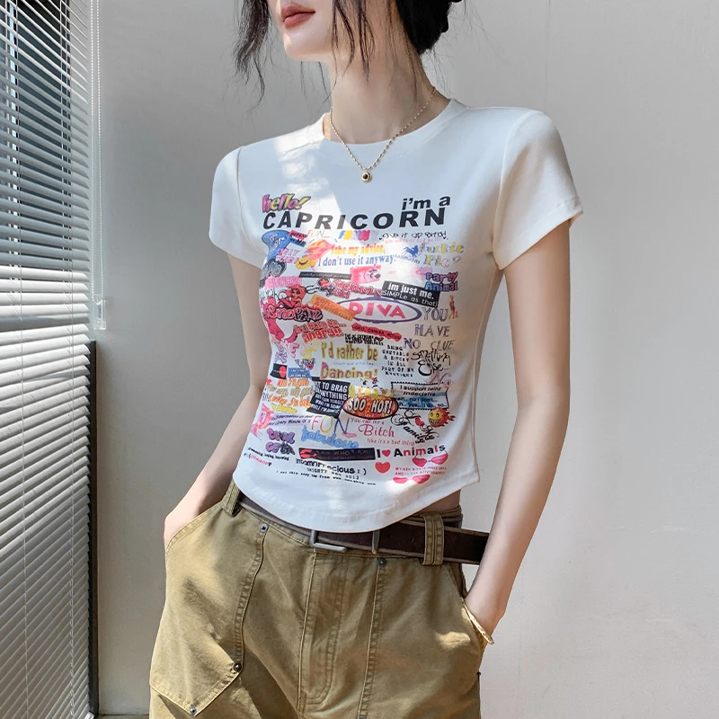 美式涂鸦印花圆领短袖T恤女夏季修身显瘦正肩辣妹多巴胺穿搭上衣