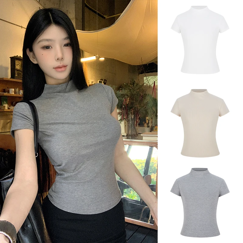 Moses Queen/魔西女王美式正肩半高领短款上衣辣妹ins紧身短袖T恤