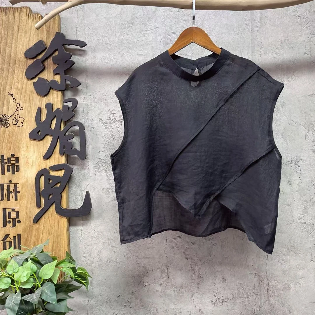 媚儿~夏季新款苎麻纯色设计不规则半高领上衣（衣长54 胸围120）