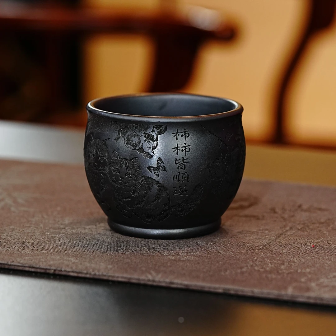 宜兴原矿石黄手工刻绘柿柿如意猫咪精致可爱创意紫砂主人杯