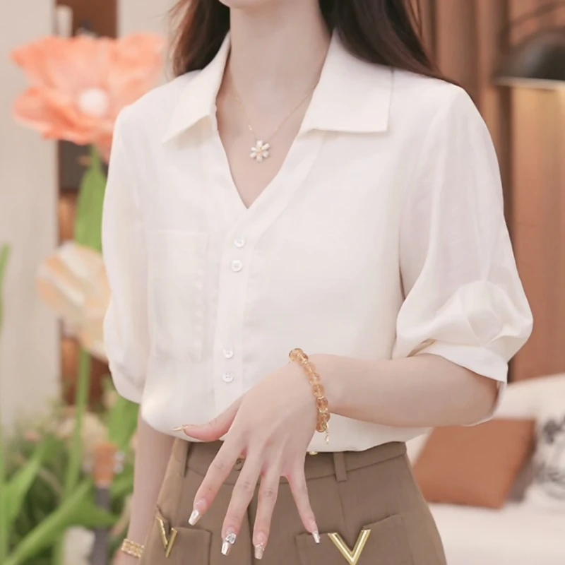 夏季2025新款法式轻熟翻领短袖衬衫女设计感气质上衣LK2502749