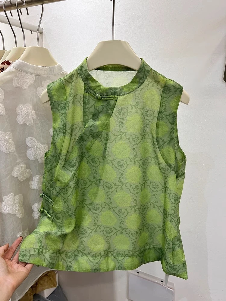 新中式国风复古盘扣绿色马甲女2025夏季新款洋气薄款小衫无袖上衣