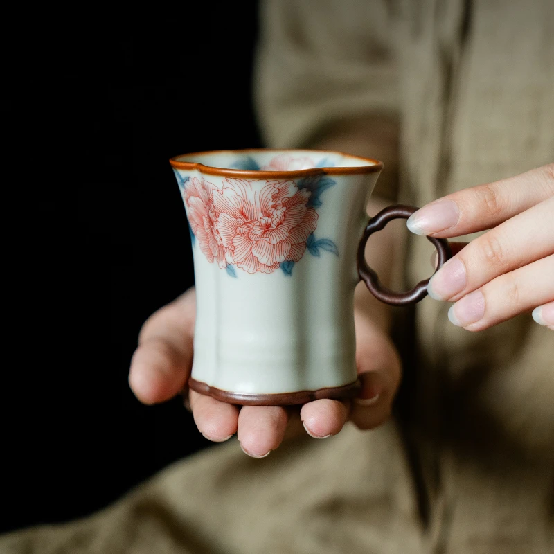 赞朴汝窑芙蓉花四瓣把杯主人杯陶瓷开片可养茶杯单杯家用功夫茶具