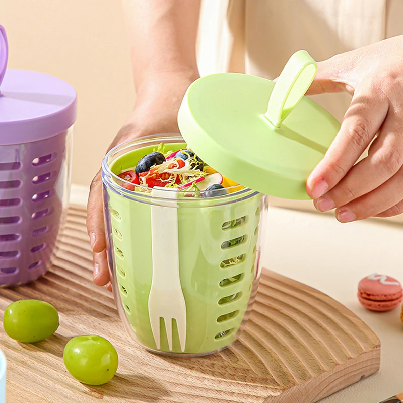 新款双层可沥水水果杯外带家用多功能野餐盒沙拉杯麦片杯杯带