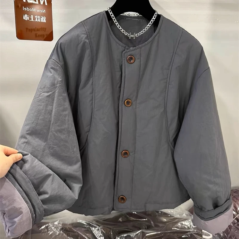 袖口撞色拼接棉服外套女秋 冬慵懒风宽松休闲加厚圆领棉袄 2566