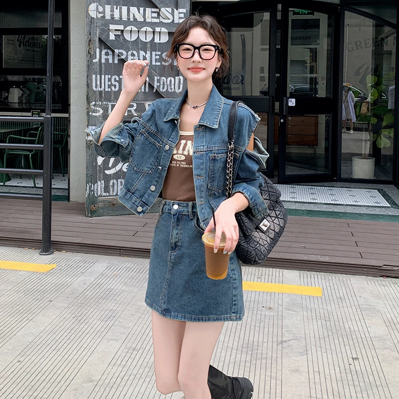 港风复古chic牛仔短裙套装女春秋小个子辣妹露肩上衣半身裙两件套