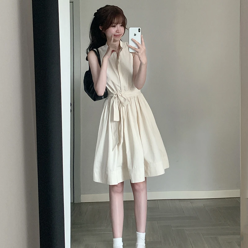 CallmeEar//京都贵女莱赛尔天丝立领背心裙蝴蝶结系带连衣裙