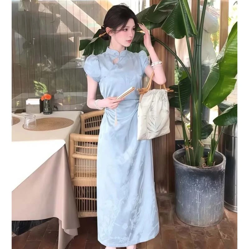 新中式改良旗袍连衣裙女夏季新款轻国风小个子收腰显瘦长裙D2315