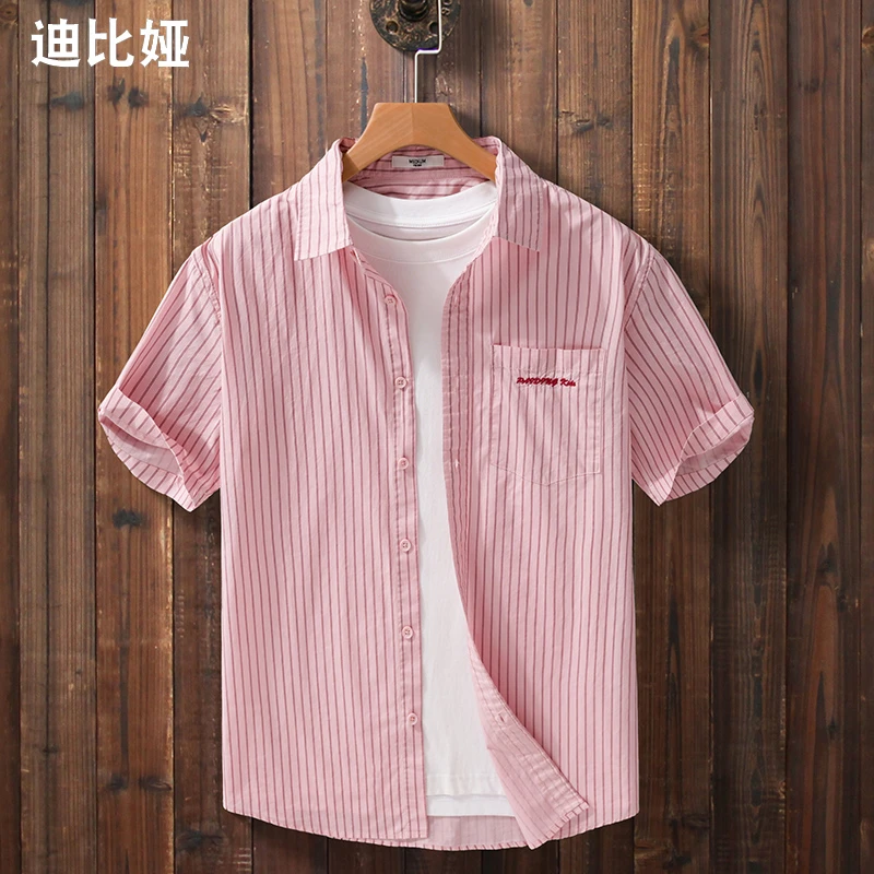 迪比娅竖条纹废土风短袖衬衫男夏季薄款透气纯棉帅气休闲衬衣Y