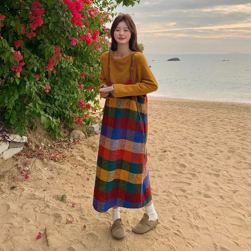 超好看彩色格子吊带连衣裙套装女2025春季新款韩系减龄宽松两件套