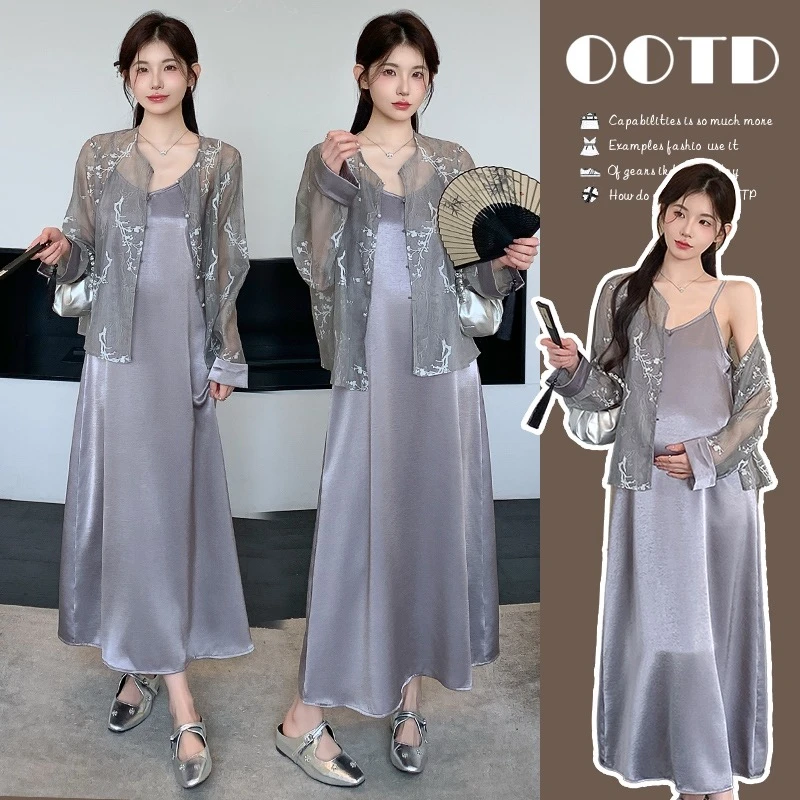 孕妇装2025夏季新款刺绣新中式醋酸吊带裙+防晒开衫两件套