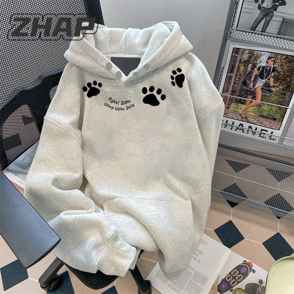 【ZHAP】双纽扣连帽卫衣冬季日系可爱卡通加绒休闲上衣潮流双11好物