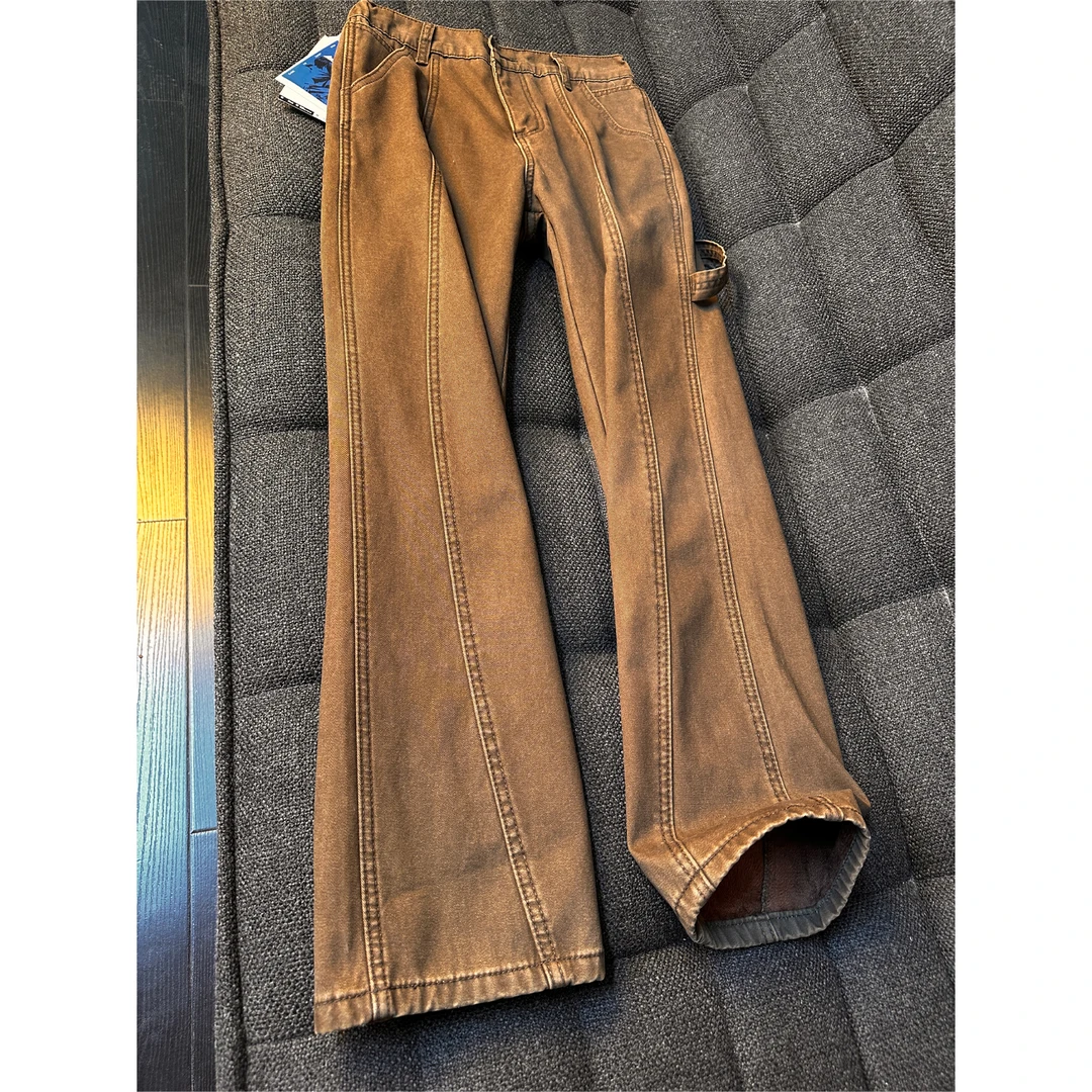 美式复古拼接牛仔裤男款秋冬显瘦显腿长裤子纯棉加绒直筒工装长裤