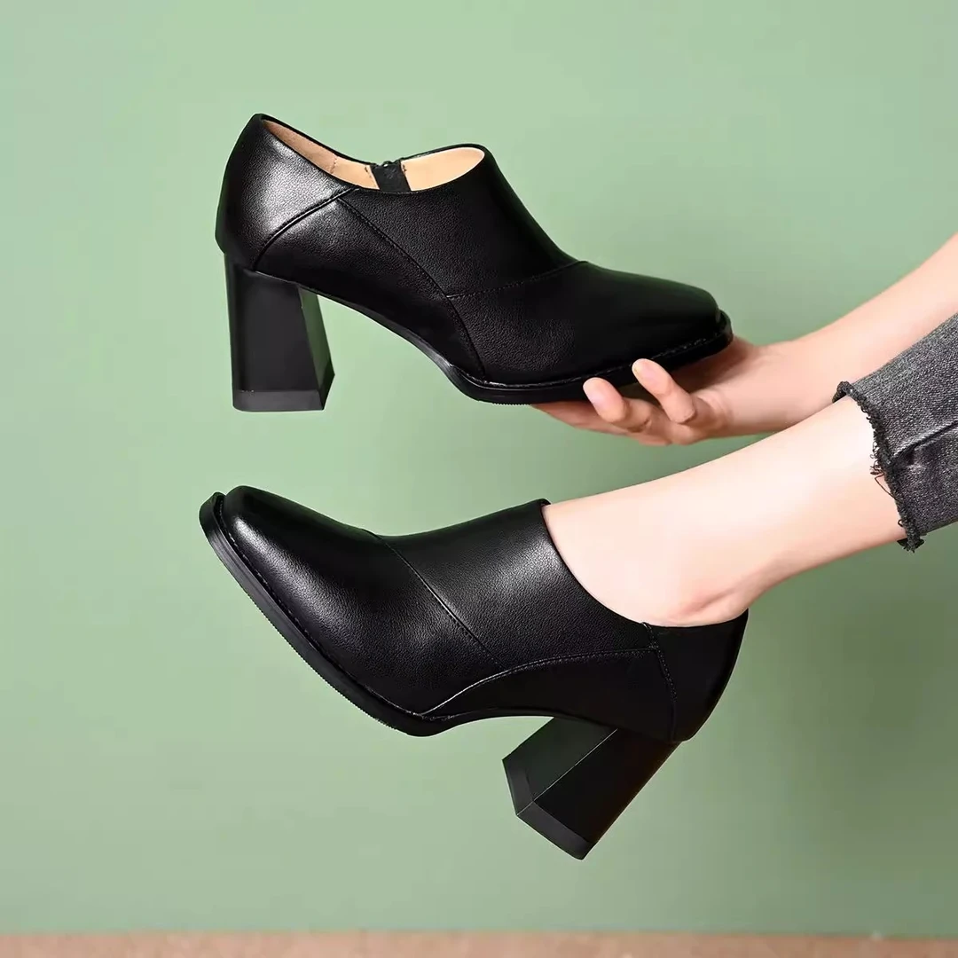 2025新款春季真皮方头粗跟深口单鞋女士中跟时尚舒适妈妈通勤女鞋