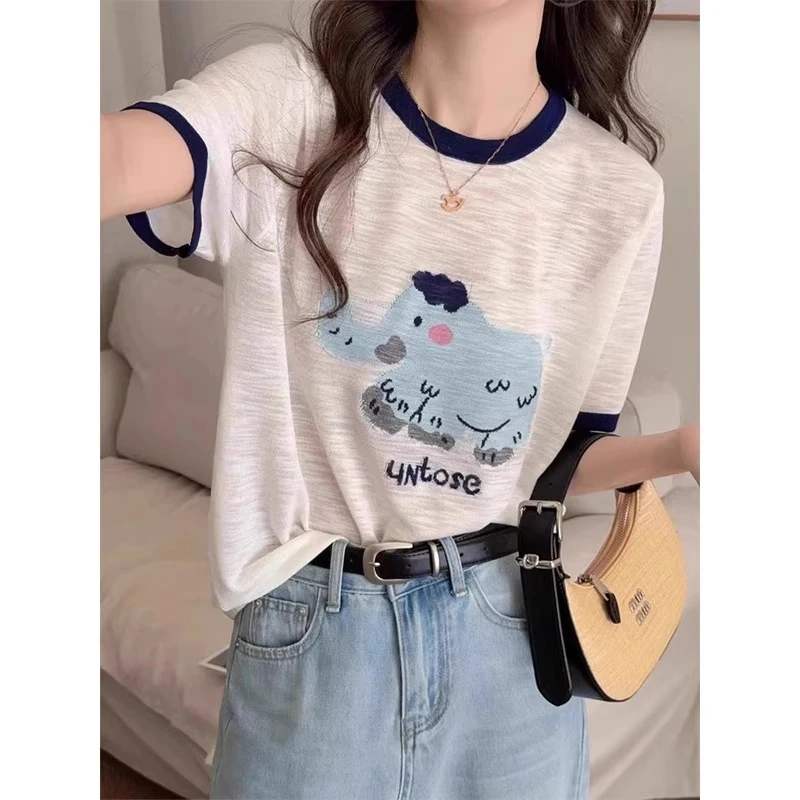 芊芊芙冰丝竹节棉撞色短袖T恤女夏季薄款针织衫宽松显瘦圆领上衣