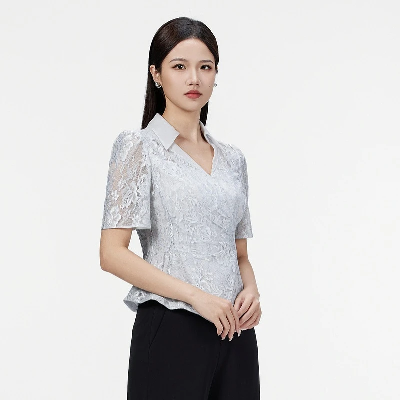 SUSSI古色丨“千织云裳”V领短袖斜襟收腰显瘦气质蕾丝上衣