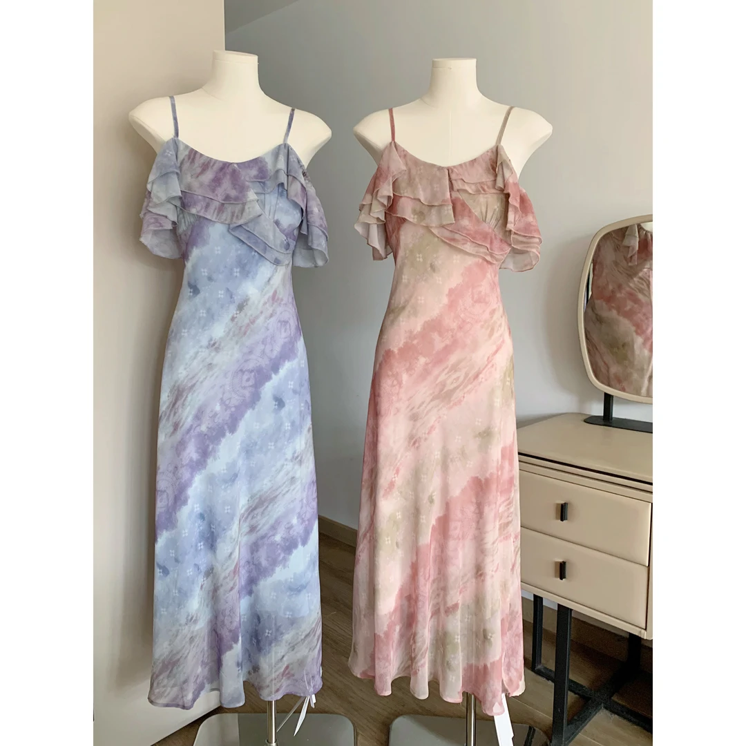 十三行紫色荷叶边一字肩吊带连衣裙女小个子夏日漂亮长裙晕染裙子