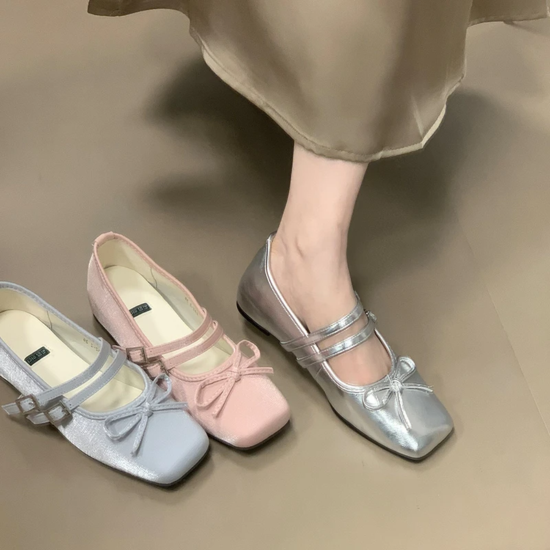 方头内增高芭蕾玛丽珍鞋2025年新款甜美蝴蝶结小单鞋