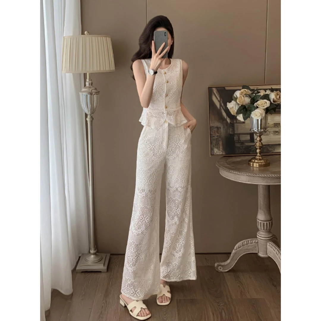 白色性感一整套时尚减龄气质名媛高级感蕾丝无袖阔腿裤两件套装女