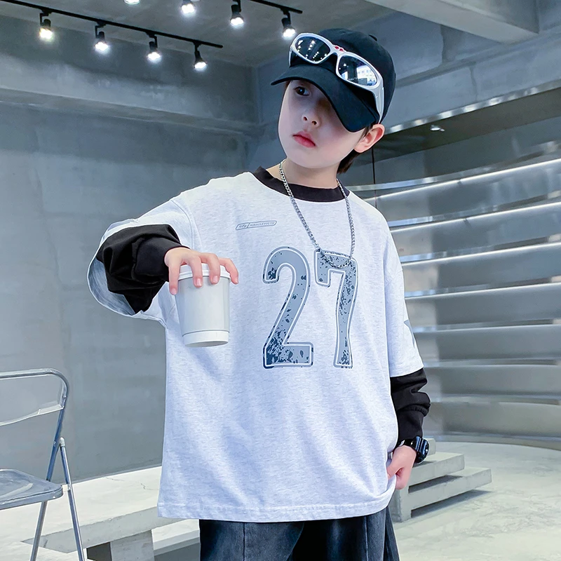 男童春装长袖假两件T恤春秋款2025新款大儿童打底衫男孩秋季上衣