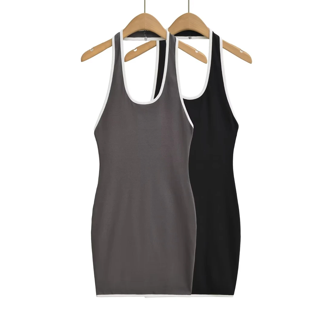 2539 辣妹拼色挂脖连衣裙