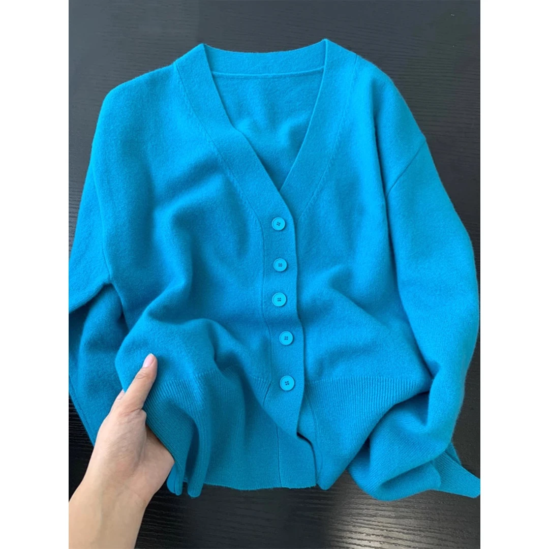 美爆了！上身绝美！蓝色V领显瘦针织衫女上衣秋冬薄款软糯舒适外套