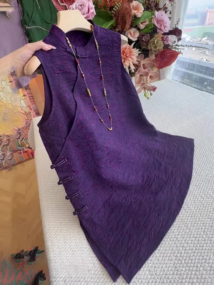 紫色新中式国风斜襟马甲女2025年夏季气质新款复古高级盘扣上衣潮