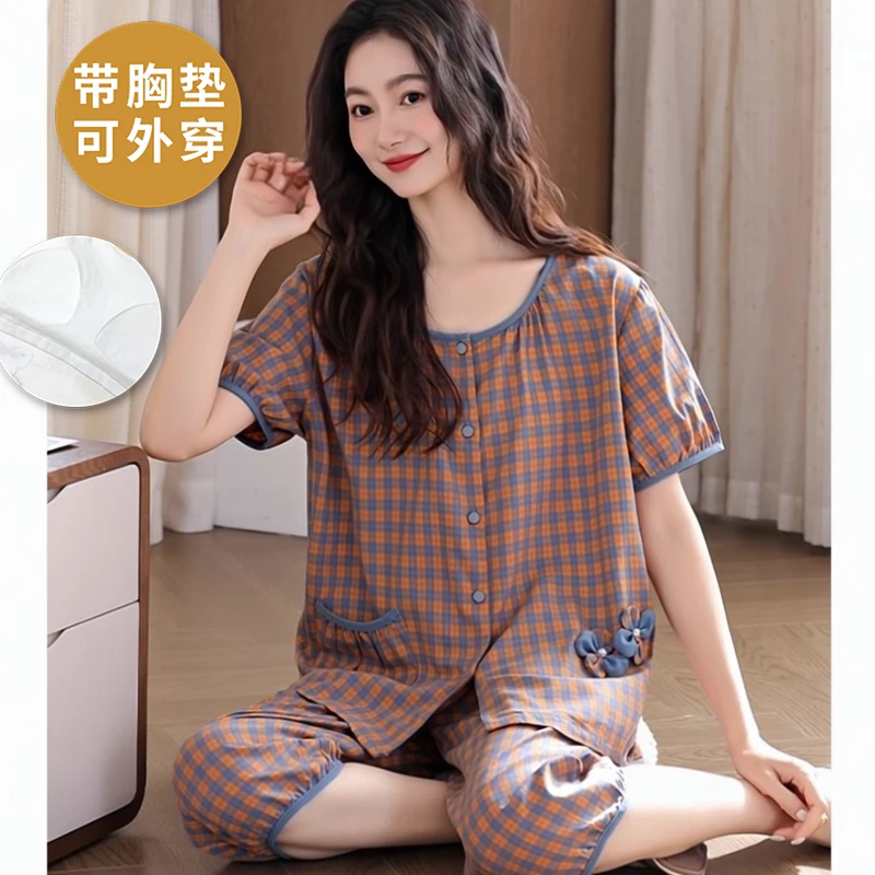 带胸垫睡衣女士夏季薄款短袖家居服2025年新款格子外穿大码两件套