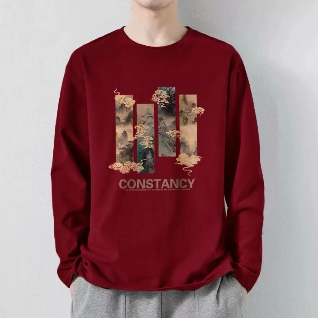 新款纯棉圆领宽松短袖长袖T恤红色秋冬国潮系列男士潮流上衣