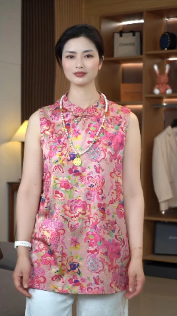 新中式国风提花无袖中长款立领开襟女时尚百搭双面上衣夏季花色