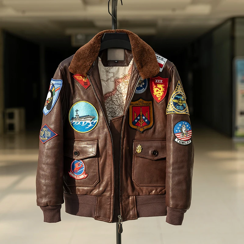 壮志凌云G1复古飞行夹克植鞣牛皮外套皮衣真皮翻领加绒飞行服夹克