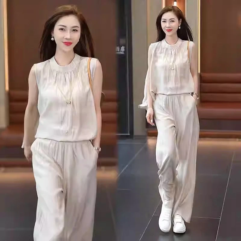 拉夏贝尔 时尚套装女2025夏季新款洋气宽松显瘦上衣阔腿裤两件套