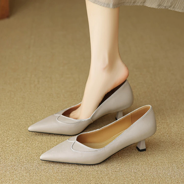 头层羊皮~5.5cm法式绝美尖头单鞋2025新款细跟气质真皮高跟鞋女鞋