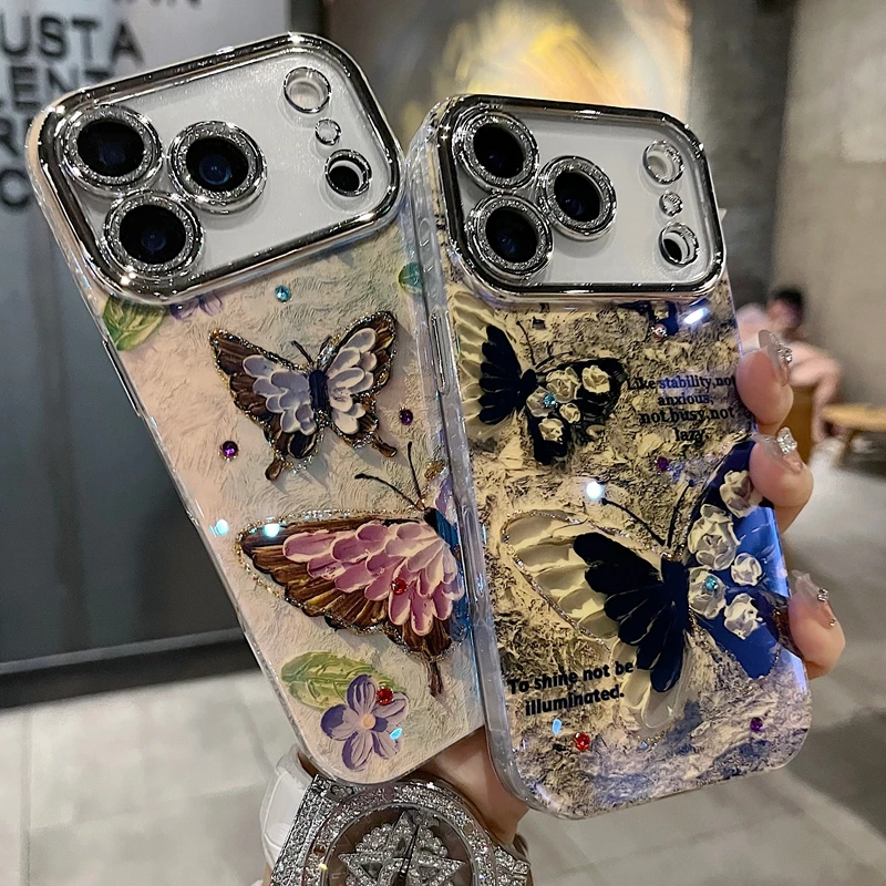 适用苹果系列iPhone17新款手机壳白色玫瑰黑蝴蝶全包闪粉镜头防摔