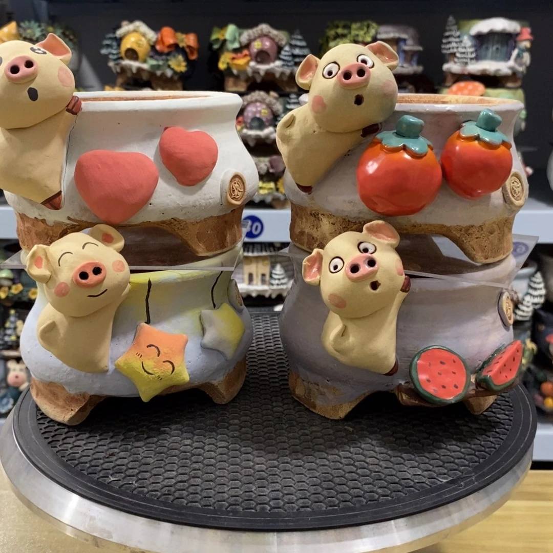 红陶昔**了白狐粗陶手捏花盆