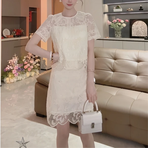 【现货】蕾丝两件套连衣裙女夏2025新款高级感气质时尚漂亮套装裙