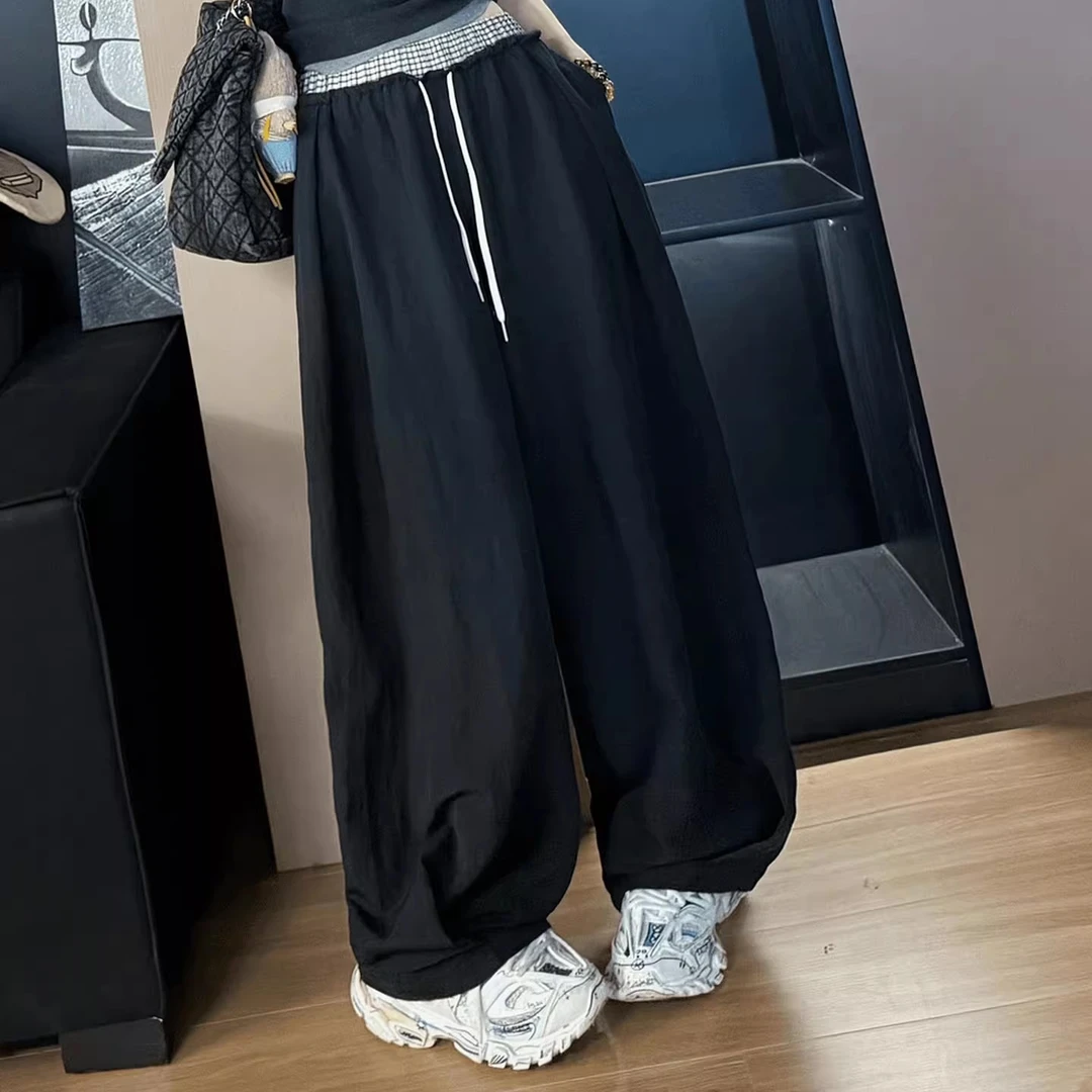 黑色松紧腰休闲裤子2025新款慵懒风宽松显瘦百搭阔腿裤女夏季薄款