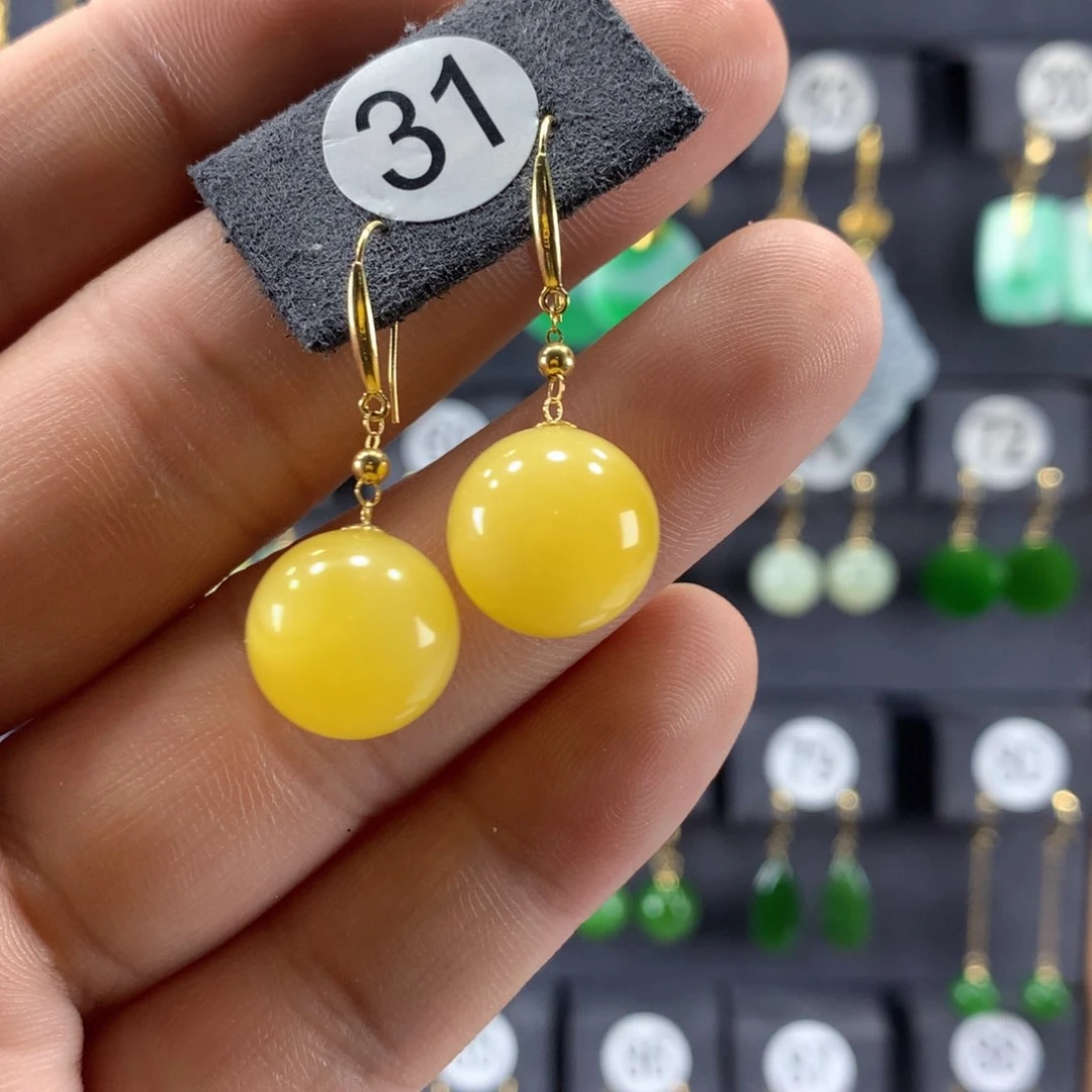 蜜蜡耳饰18K金镶嵌耳饰