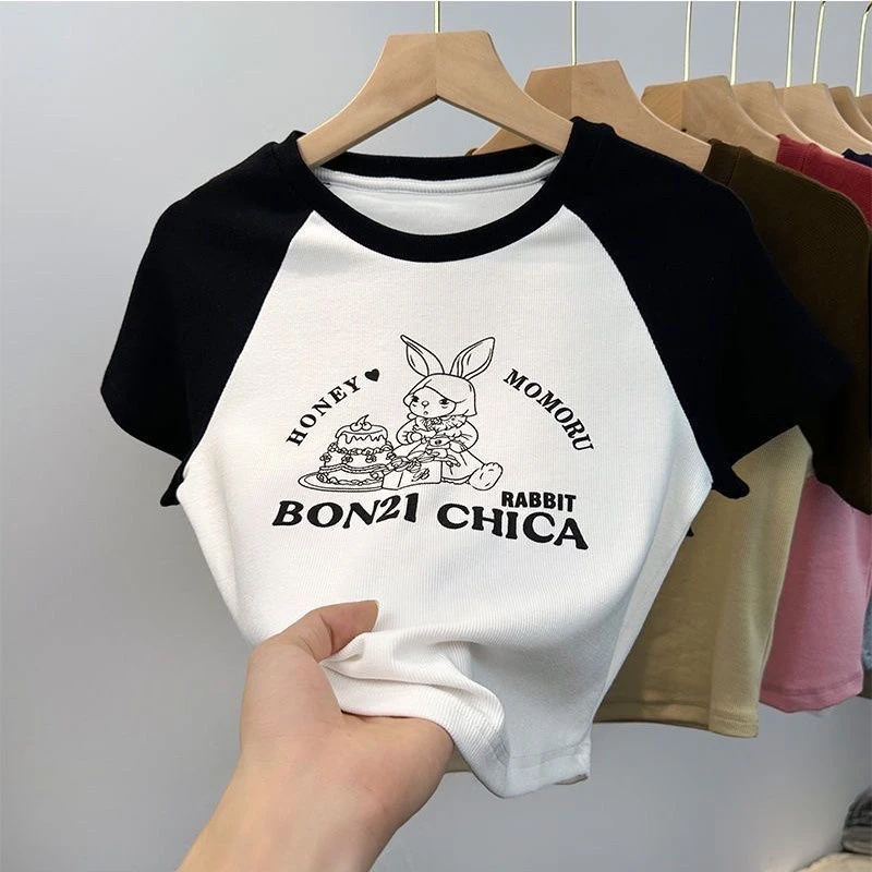 女童女宝童装甜美短袖时髦上衣中大童洋气印花短款儿童服装夏季