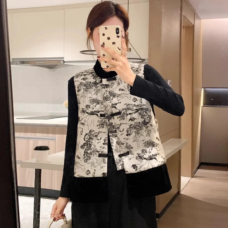 轻国风盘扣水墨唐装女2025秋冬新款无袖立领小外套外搭新中式马甲