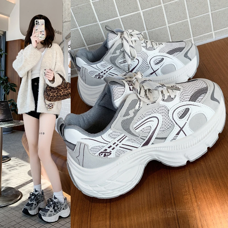网面女鞋厚底老爹鞋女2025春季新款灰色运动鞋增高休闲鞋百搭拼接