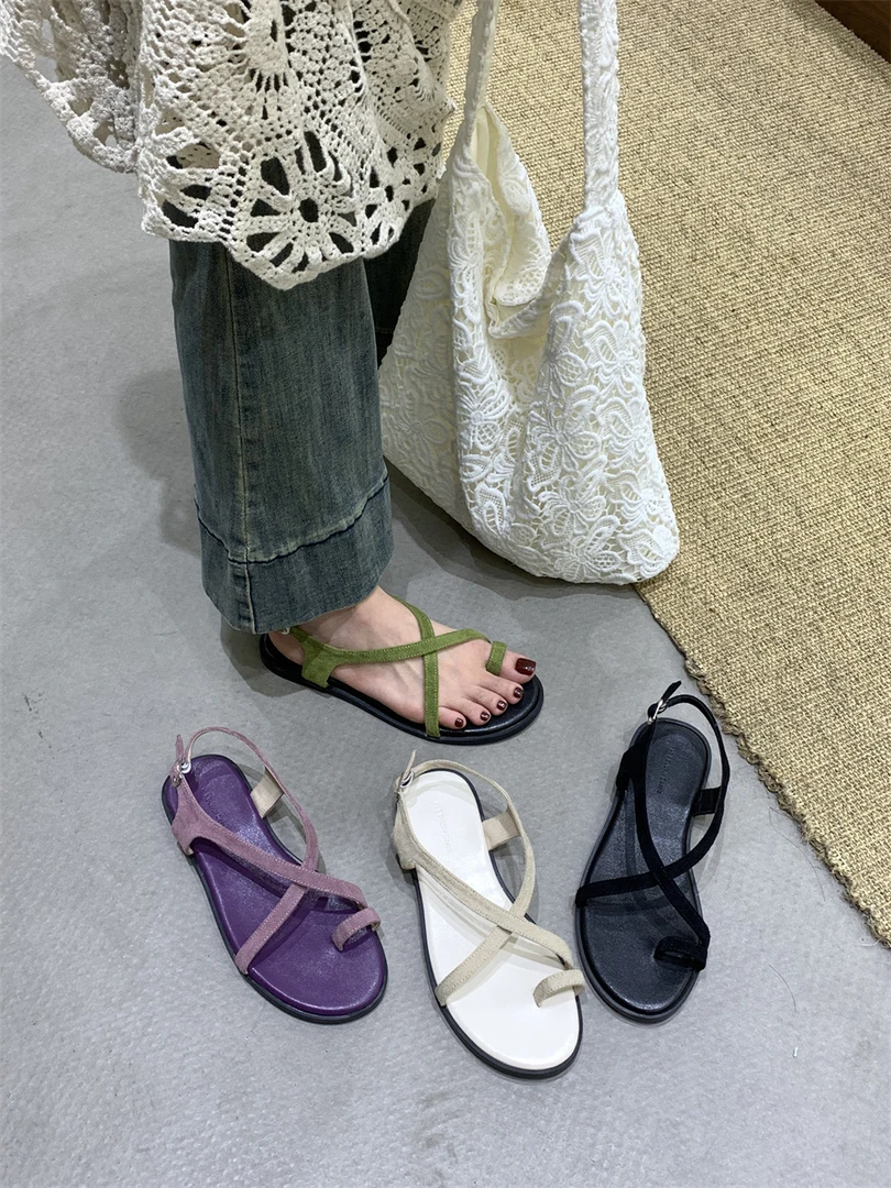 法式罗马细带套趾凉鞋女平底沙滩鞋