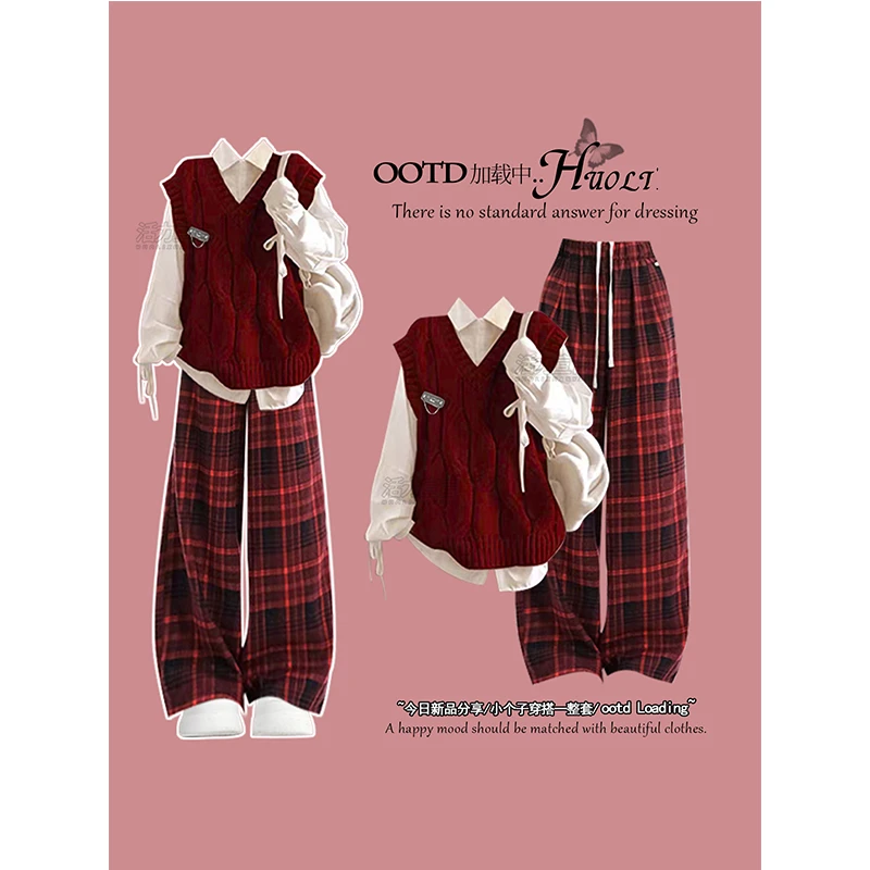 圣诞冬季穿搭学院风套装2025新款巨好看无袖毛衣衬衫阔腿裤三件套